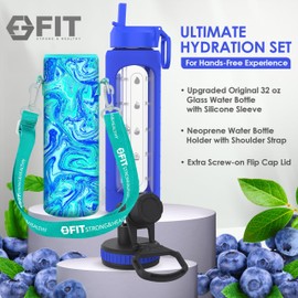32 oz Glass Water Bottle with Straw Lid, Time Marker, Sleeve, Extra Lid & Water Bottle Holder with Strap - Motivational, Wide Mouth, 1L Glass Drinking Bottle (Royal Blue Sleeve, Blue Marble Carrier)
