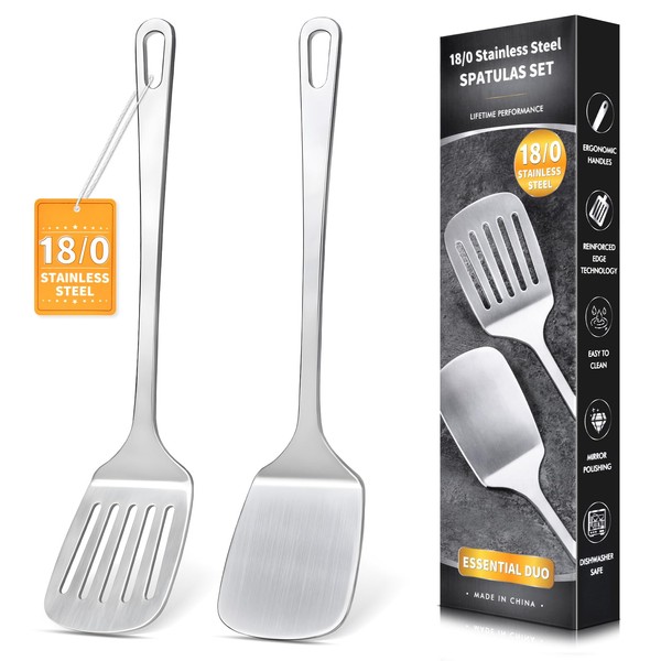 2 Pcs Stainless Steel Spatulas Set, Metal Spatula Solid &