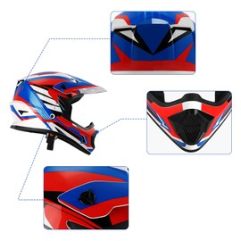 XFMT Kids Dirt Bike Helmet Youth Motorcycle Helmet DOT-Certified Full Face Helmets for Motocross ATV Off-Road Street Bike with Goggles & Gloves, Red White and Blue Large