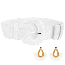 Straw Woven Elastic Belt for Women, Boho Braided Raffia Waist Belt, Stretch Rattan Belt for Summer Dresses and Fashion Outfits, with Matching Boho Earrings,White