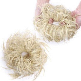 Tousled Updo Messy Bun Hair Extension Instant Ponytail With Elastic Rubber Band Updo Chignon Donut Scrunchies Extensions Hairpiece Synthetic Wavy Hair for Women Bleach Blonde