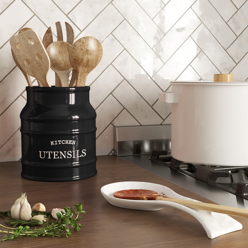 Barnyard Designs Ceramic Farmhouse Utensil Holder for Kitchen Counter, Large