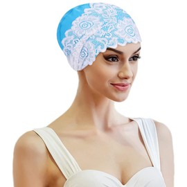 Womens Swimming Cap Ladies Waterproof Swim Cap Lace Flower Swimming Hat Bathing Cap Ears Protection Cap Super Elastic Turban Swimming Cap Comfortable Shower Cap Surfing Cap for Long Hair Short Hair
