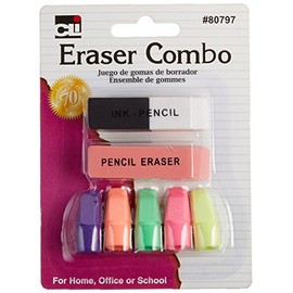 Charles Leonard Pencil Eraser Combo Pack, Includes 1 Pen/Ink Eraser, 1 Pink Pencil Eraser and 5 Pencil Cap Erasers, 7-Pack (80797)