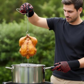 Fire Riot Deluxe Stainless Steel Turkey Fryer Accessories - Turkey Deep Fryer Stand, Thermometer, Heat-Resistant Glove & Heavy-Duty Lifting Handle