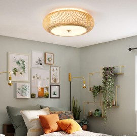 Aeyee Bamboo Flush Mount Ceiling Light Handwoven Rattan Light Fixture, 3 Lights Boho Ceiling Lamp for Bedroom, Entryway, Foyer (15-inch)