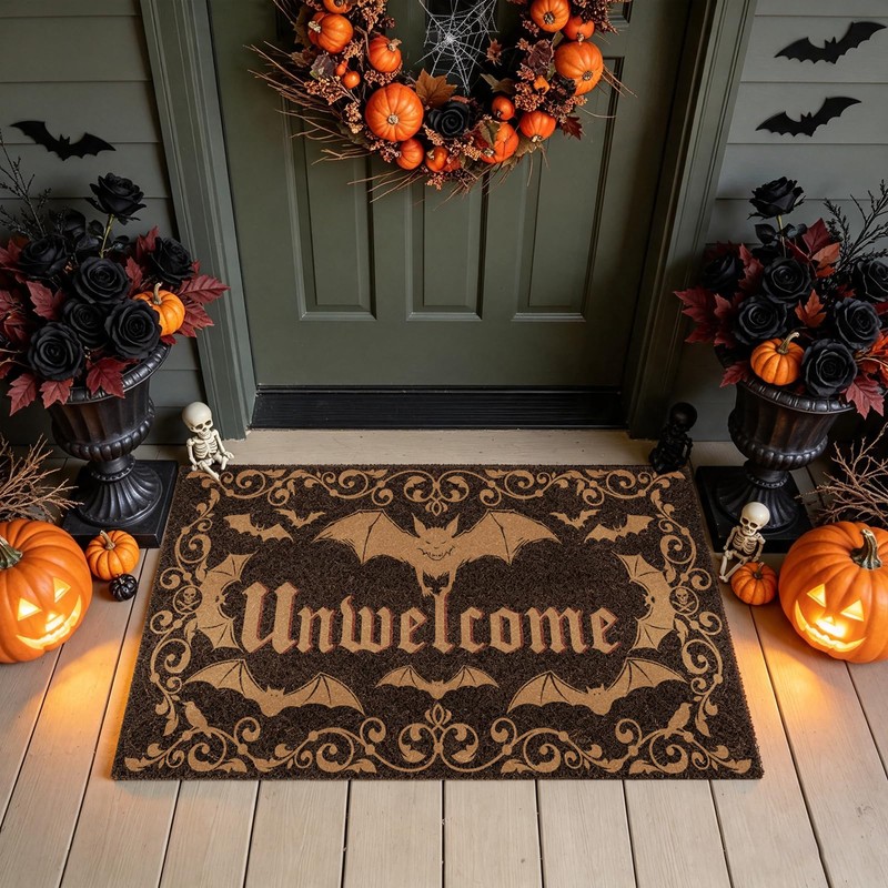 Halloween Unwelcome Door Mat, Gothic Dark Bat Doormat Indoor Outdoor