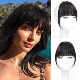 NAYOO Bangs Hair Clip in Bangs 100% Real Human Hair Extensions French Bangs Clip on Hair Bangs for Women Fringe with Temples Hairpieces Curved Bangs for Daily Wear(French Bangs, Brown Black)