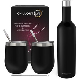 CHILLOUT LIFE Stainless Steel Wine Tumblers 2 Pack 12 oz & 1 Insulated Wine Bottle - Double Wall Vacuum Insulated Wine Cups with Lids and Straws Set - Black
