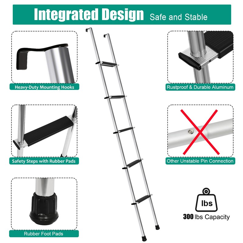 OUTPRIZE 72" RV Bunk Ladder, 5 Step Integrated Aluminum Camper