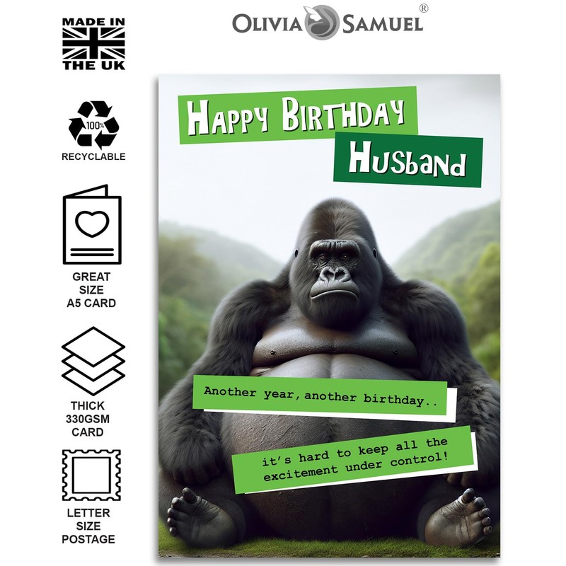 Funny Husband Birthday Card - Grumpy Gorilla Design for Him