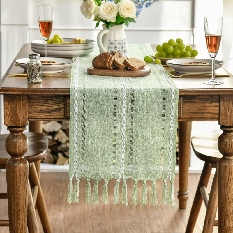 Artoid Mode Boho Sage Green Tassel Table Runner, Farmhouse Style