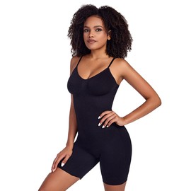 SHAPER FLEX Mid Thigh Shapewear Bodysuit for Women, Waist Trainer Tummy Control Full Body Shaper, Round Neck Butt Lifter (Black, 2XL)