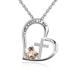 Bengnkes 925 Sterling Silver I Am a Child of God Cross Pendant Necklaces for Women, Cross Necklace for Girls, Heart Necklace with Birthstone Christian Jewelry Baptism Gifts for Girls, Sterling Silver,