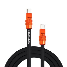 chubbycable Anodized 240W Reflective Shine Charge Cable Durable Soft Silicone USB C Cable Extra Thick Phone Charger Cord, Black+Orange,Type-C to Type-C, 9.8FT