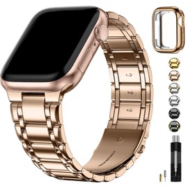 Fullmosa Compatible with Bracelet 42 mm Series 10, Stainless Steel Replacement Bracelets for Men and Women, Metal Strap with TPU Protective Case, Rose Gold