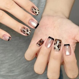Unbranded 10Pcs Short Square False Press on Nails French Leopard Print Fake Nails (Size M)