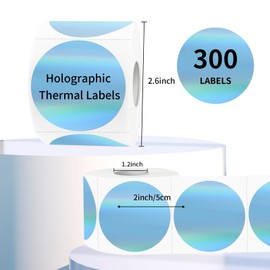 YEGAWEN 2" Circle Holographic Thermal Label Stickers Blue, Round Printable Rainbow Glitter Thermal Printer Sticker Labels for Gift Wrapping, Self-Adhesive Name Price Tag DIY Custom Logo Design