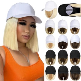 Qlenkay Baseball Cap with Hair 14in Short Hairstyle Straight Bob Non-detachable Adjustable White Hat Wig Attached Ash Blonde Mix Bleach Blonde Hairpiece for Women