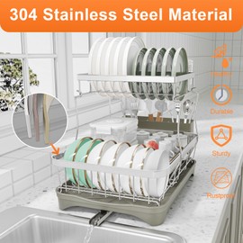 HOMEBOSILY Dish Drying Rack, 2 -Tier 304 Stainless Steel Adjustable Spout Auto-Draining Dish Rack, Space Saving Dish Drainer with Drainboard and Utensil Holder for Kitchen Counter Grey