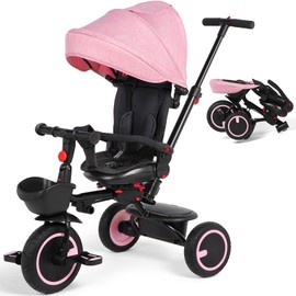 Toddler Tricycle with Push Handle for 7 Months-5 Years, Baby Tricycle with Rotatable Seat, 8 In 1 Kids Trike with Safety Harness, Canopy, Double Brakes, Toddler Push Bike Birthday Gifts for Baby, Pink