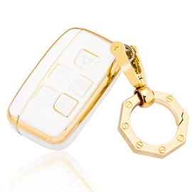 Key Fob Cover Car Key Case Shell with Gold Keychain fit Evoque Velar Sport Discovery Freelander2 LR4 Sport Jaguar XF XJ XE F-PACE F-TYPE 2013-2022 (White)