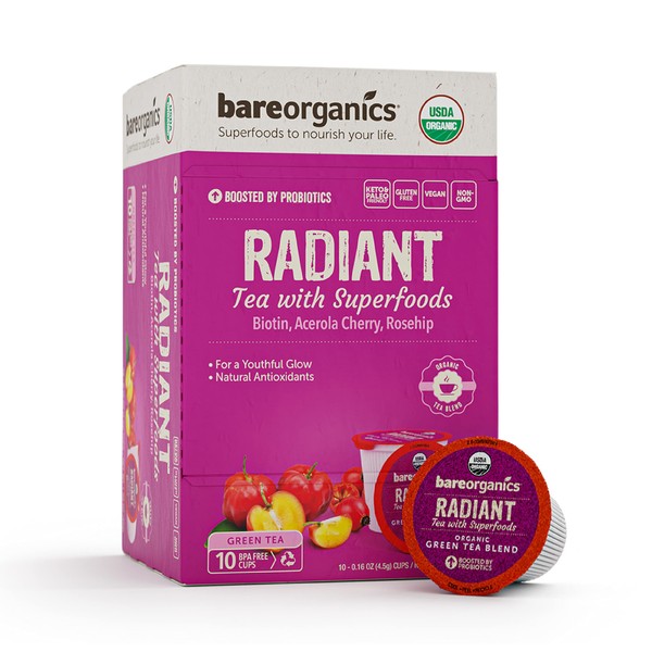 BareOrganics Radiant Tea with Superfoods & Probiotics | Keurig K-Cup Compatible Tea Pods | USDA Certified Organic, Vegan, Non-GMO & Recyclable, 10ct Single Serve Cups