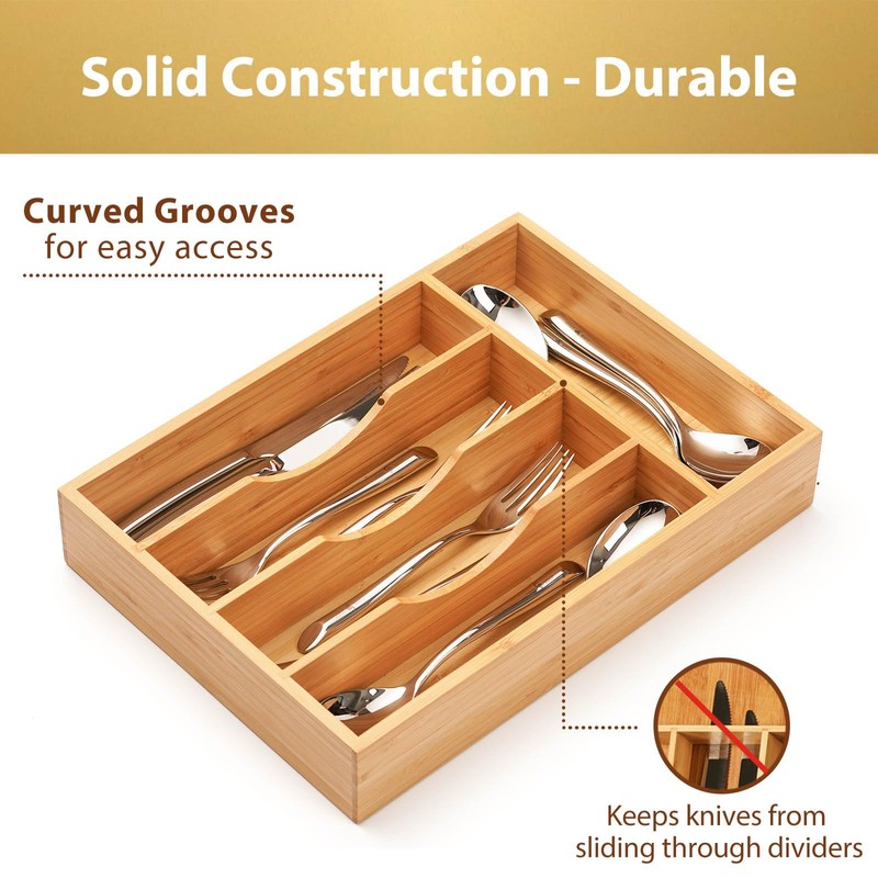Umilife Bamboo Kitchen Drawer Organizer, 9 Inch Silverware Utensils Tray