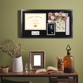 Hodeframe 14x26 Black Shadow Box Diploma Frame with Graduation Cap & Tassel Holder for 8.5x11 Diploma and 4x6 Photo with MDF Wood and Plexiglass, White Over Black Mat for Wall, Graduation Keepsakes