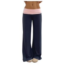 SOLY HUX Women's Sweatpants Color Block Low Rise Fold Over Waist Baggy Wide Leg Pants Dark Blue and Pink Small