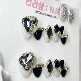 Gold Black Diamond Handmade Nail Tips - Short Ballerina / 골드 블랙 다이아 수제네일팁 - 숏발레리나
