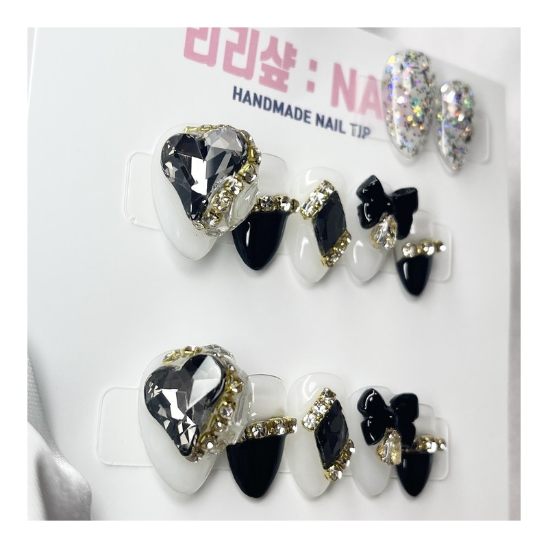 Gold Black Diamond Handmade Nail Tips - Short Ballerina /