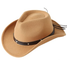 Jastore Sombrero de vaquero occidental para niños y niñas, con hebilla y cinturón de fieltro, sombrero Fedora, Camello, 4-12 años
