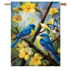Large Spring Summer House Flags 28x40 Double Sided Bluebird Garden Flag Floral Birds Flag for Outside Porch Yard Outdoor Flower Garden Decor