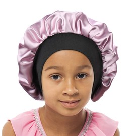 SENGTERM Kids Satin Bonnet Double Layer Wide Elastic Band Sleep Cap Hair Bonnet Silky Night Cap for Girls Toddler Child, Kids Pink, Small-Medium