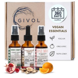 GIVOL Vegan Essential Bundle Liquid Spray Ultimate Mushroom Complex, Iron Bisglycinate Vitamin B12 Methylcobalamin, | Non-GMO | Gluten Free | Sugar Free | 2 Fl Oz | 360 Days Supply