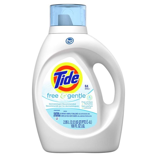 Tide Free and Gentle HE Laundry Detergent Liquid, 100 oz, 64 Loads, Unscented and Hypoallergenic for Sensitive Skin, Free and Clear of Dyes and Perfumes (Packaging May Vary)