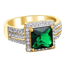 AFFY 5.50 Ct Princess Cut Simulated Green Emerald & CZ Band Ring in14K Yellow Gold Over Sterling Silver