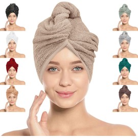 LOOM KNIT Hair Towel Wrap Lightweight Turban, Instant Drying 100% Cotton Cap Super Quick Absorbent Anti-Frizz Twist Toweling Dry Hat with Button and Loop for Long Curly Hairs, Beige, Twin Pack