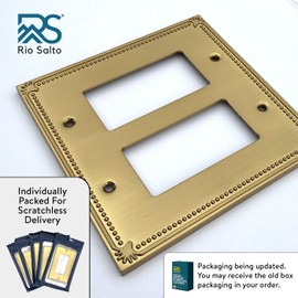 Rio Salto Sunken Pearls Brushed Brass Gold Metal Metal Double Rocker Decora Decorator Double Light Switch Outlet Cover Wall Plate Receptacle Beaded Wallplate (2-Gang Rocker)