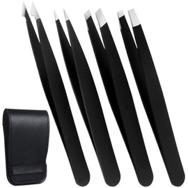 Set of 4 Eyebrow Tweezers, Flat, Slanted, Pointed and Hooked 4 Tweezers for Eyebrows Facial Hair, Ingrown Hair Removal Splinter and Tick Remover, Daily Beauty Tool