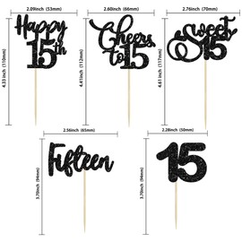 Paquete de 30 adornos para magdalenas de cumpleaños de 15 años, purpurina negra, quince saludos a 15 años, para decoraciones de pasteles de feliz cumpleaños de 15 años