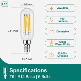 DiCUNO E12 Candelabra Bulb 40 Watt, E12 LED Bulb Dimmable, Warm White 2700K, T6 LED Type with Candelabra Base, Vintage Filament Edison Light Replacement for Chandelier, Ceiling Fan, Pendant, 6-Pack