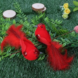 Lalilali 12Pcs Artificial Red Cardinal Birds with Clip Cardinal Ornaments for Christmas Tree Red Feather Bird Ornaments DIY Craft for Wedding Decoration Party Accessories