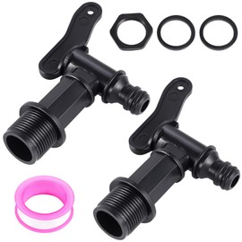 Pack of 2 Outlet Tap for Water Butt, Tap 3/4 Inch Plastic Replacement Tap with Seal Lock Nut Sealing Tape for Rainwater Barrel Water Tank Rain Barrel (Black)