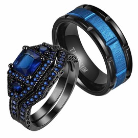 ringheart 2 anillos para él y ella, chapados en negro, para parejas, corte princesa, 6 mm, circonita verde, para mujer, anillos de boda de acero de titanio para hombre, women size7 & men size12, Metal Cristal rhinestone, Zirconia cúbica