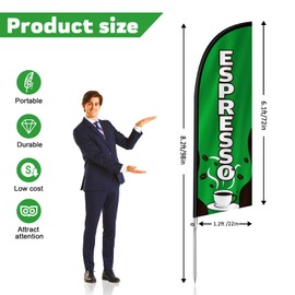 QSUM Espresso Themed Swooper Flag, 8FT Espresso Banner Feather Flag with Stainless Steel Pole Kit, Ground Stake, Espresso Signs for Business Advertising