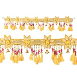 Decorative Toran Hanging Artificial Velvet Cloth Bandanwar Beads Wall Toran Hanging for Main Door Entrance Window Home Decor Indian Traditional Festival Decoration (Size: 35 x 6 Inches) (Yellow)