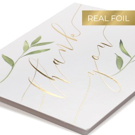 Masterpiece Watercolor Greenery Thank You Cards / 50 Gold Foil Accented Cards With Deep Sage Envelopes / 3 1/2" x 4 7/8" Small Gratitude Appreciation Floral Note Cards