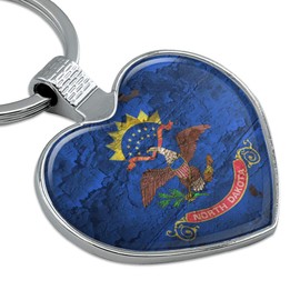 Rustic North Dakota State Flag Distressed USA Keychain Heart Love Metal Key Chain Ring